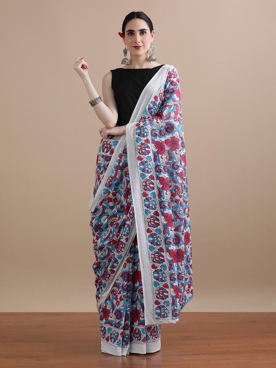 Cotton mulmul handblock printed saree wholesale in blue red white floral design